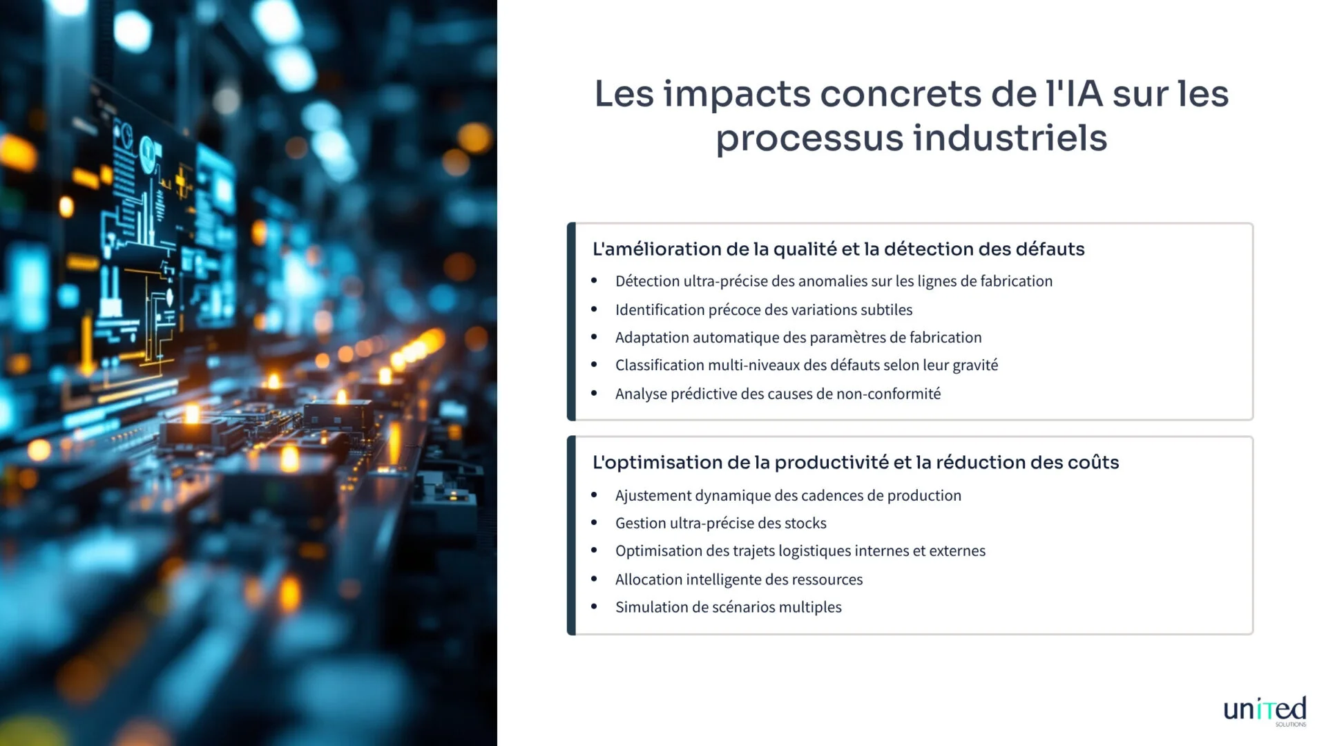 Infographie montrant les impacts concrets de l'IA sur les processus industriels : qualité, productivité et maintenance.