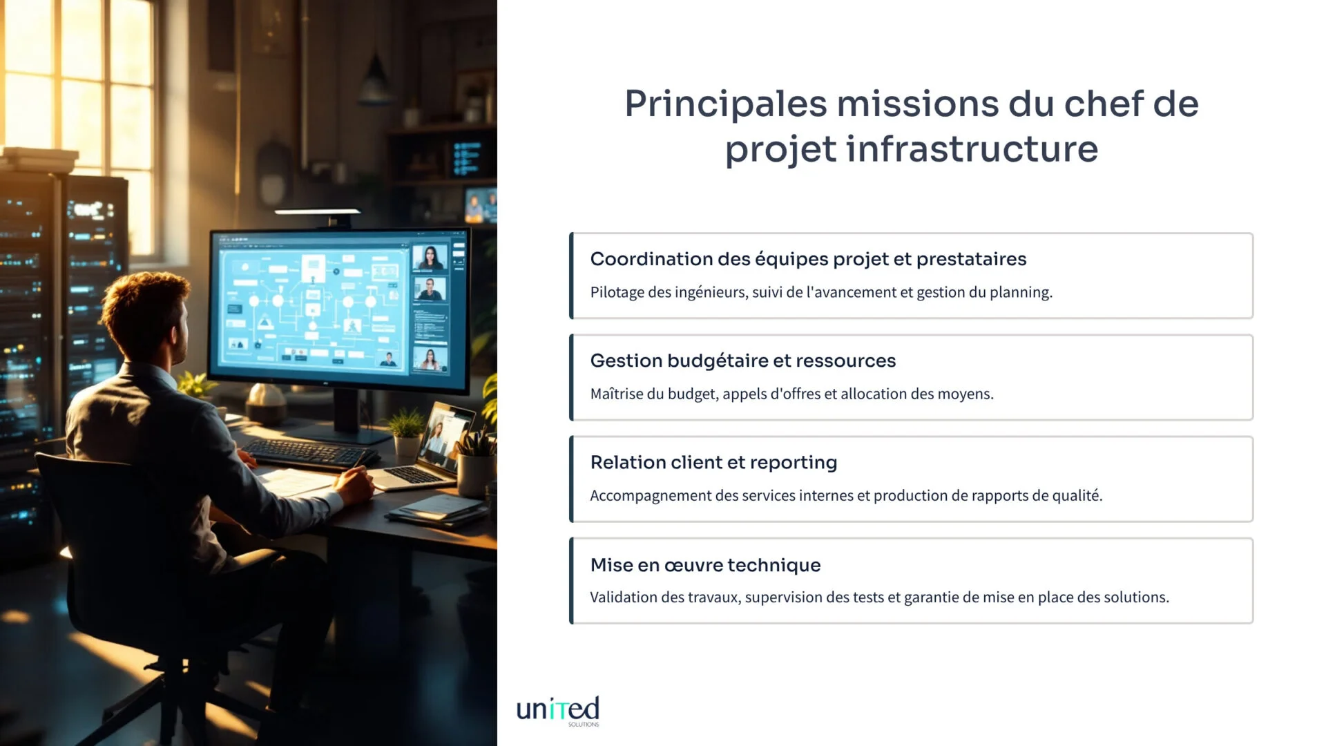 Infographie sur les principales missions du chef de projet infrastructure.